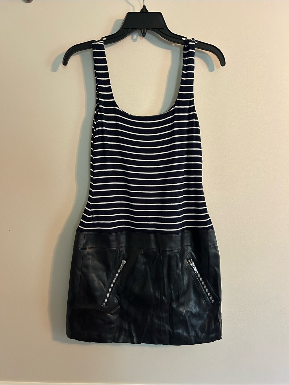 Striped Tank Top Leather-Trim Mini Dress - Black & White